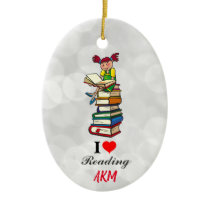 I Love Reading Books Monogram Christmas Ceramic Ornament