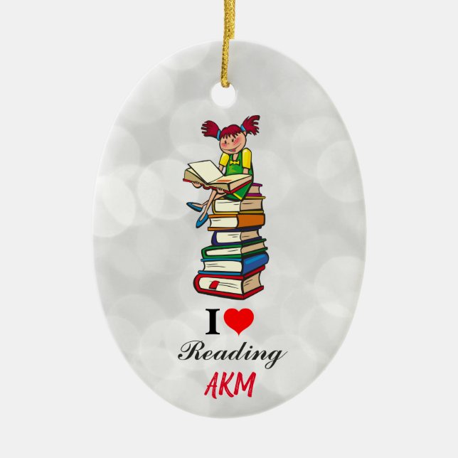 I Love Reading Books Monogram Christmas Ceramic Ornament (Front)