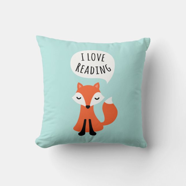 I love reading cute cartoon fox on blue background throw pillow (Front)