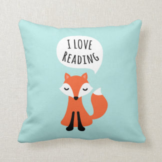 I love reading cute cartoon fox on blue background throw pillow