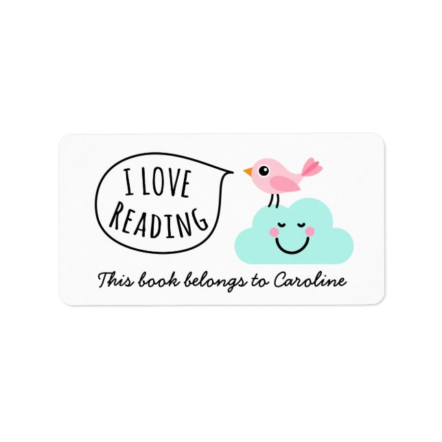 I love reading pink bird happy cloud bookplate (Front)