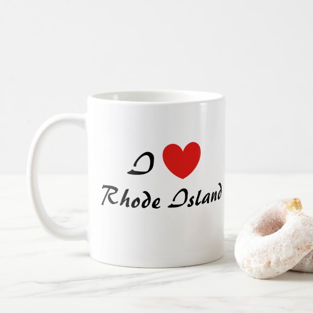 I Love Rhode Island Heart Typography Coffee Mug (With Donut)
