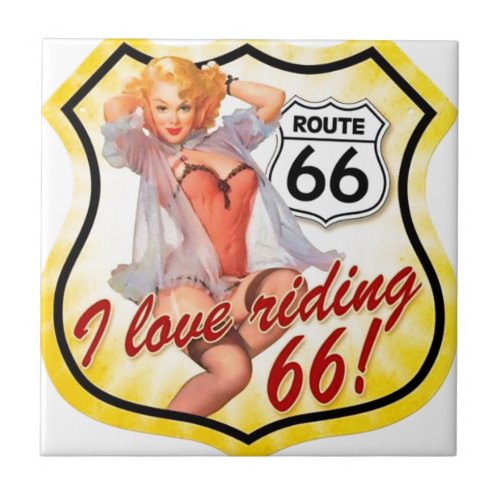 I Love Ridding Route 66 Pin Up Girl Tile