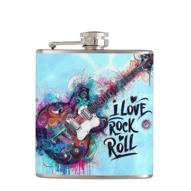 I Love Rock N Roll Electric Guitar Music Art Blue  Flask (Front)