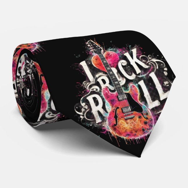 I Love Rock N Roll Electric Guitar Painting Neck Tie (Rolled)