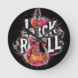 I Love Rock N Roll Electric Guitar Painting Round Clock