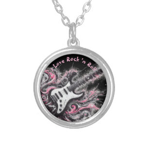 I Love Rock N Roll Electric Guitar Painting Silver Plated Necklace