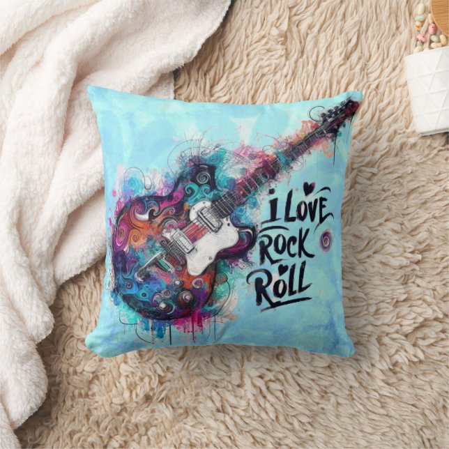 I Love Rock N Roll Electric Guitar Painting Throw Pillow (Blanket)