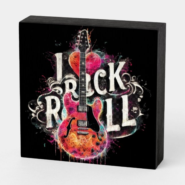 I Love Rock N Roll Electric Guitar Painting Wooden Box Sign (Angled Horizontal)
