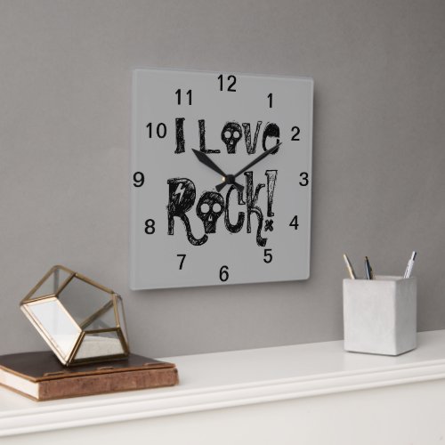 I Love Rock Skulls Black Grey Square Wall Clock