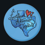 I love San Antonio Texas Magnet<br><div class="desc">A bright, watercolor-styled Texas silhouette frames flowing hand-lettered “San Antonio Texas” script with vibrant hearts for extra character. The mix of expressive lines and bold color gives it a lively, affectionate tone perfect for winter travel season, family visits, or anyone who feels connected to the Alamo City. Strong visual rhythm...</div>