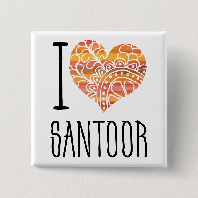 I Love Santoor Orange Mandala Heart Button (Front)