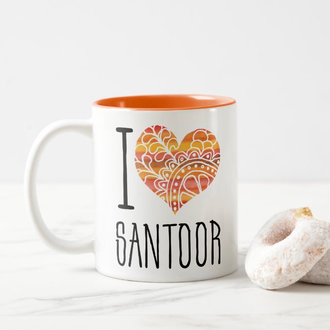 I Love Santoor Orange Mandala Heart Two-Tone Coffee Mug (With Donut)