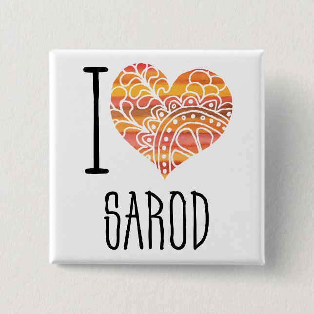 I Love Sarod Orange Mandala Heart Button (Front)