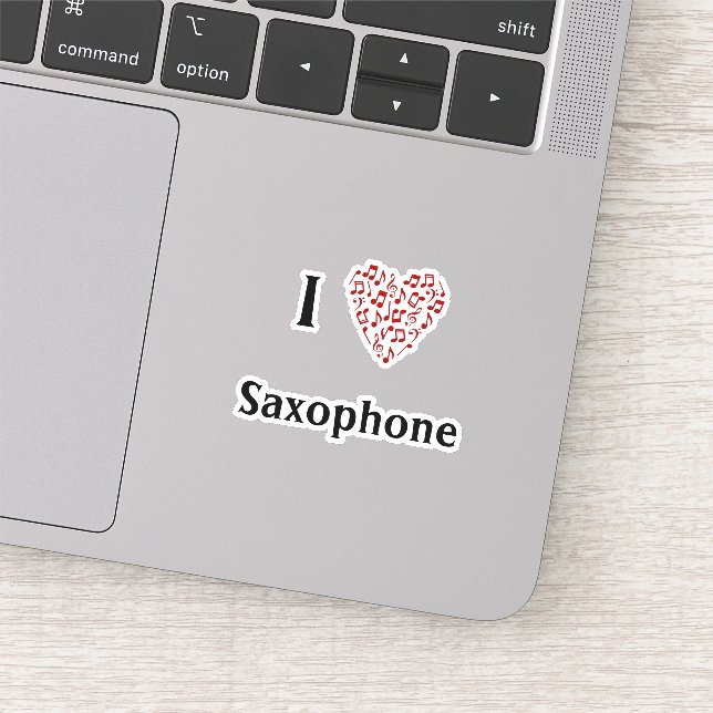 I Love Saxophone Red Heart of Music Notes Vinyl Sticker (Detail)