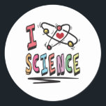 I love Science Classic Round Sticker<br><div class="desc">Awesome Science Design featuring an atom symbol and the quote "I love science". A perfect match for every scientist,  science student,  science teacher and science lover. Great Gift idea.</div>