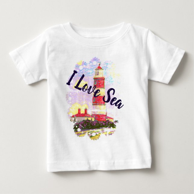 I Love Sea with a Lighthouse and a Shell Baby T-Shirt (Front)