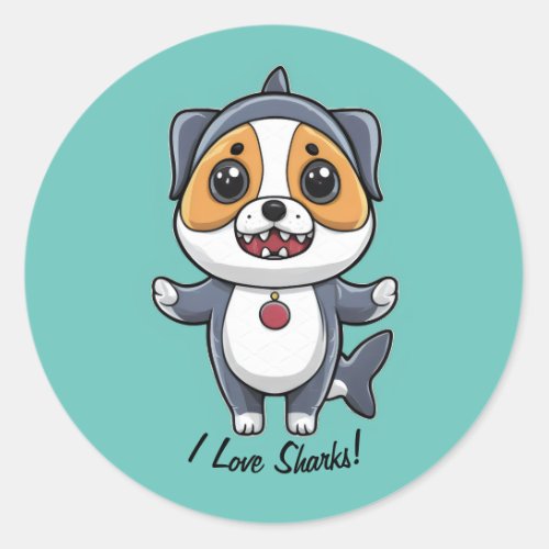 I Love Sharks Personalize Text Puppy in Costume Classic Round Sticker