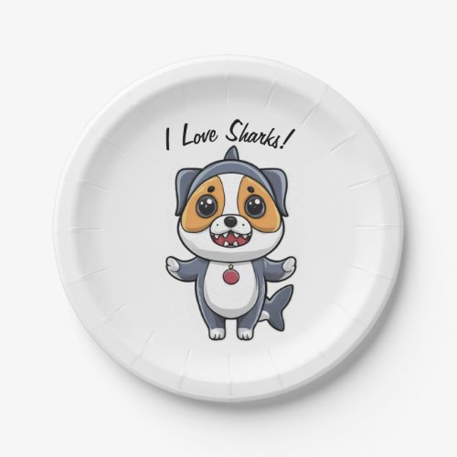 I Love Sharks Puppy in Shark Costume Personalize Paper Plates