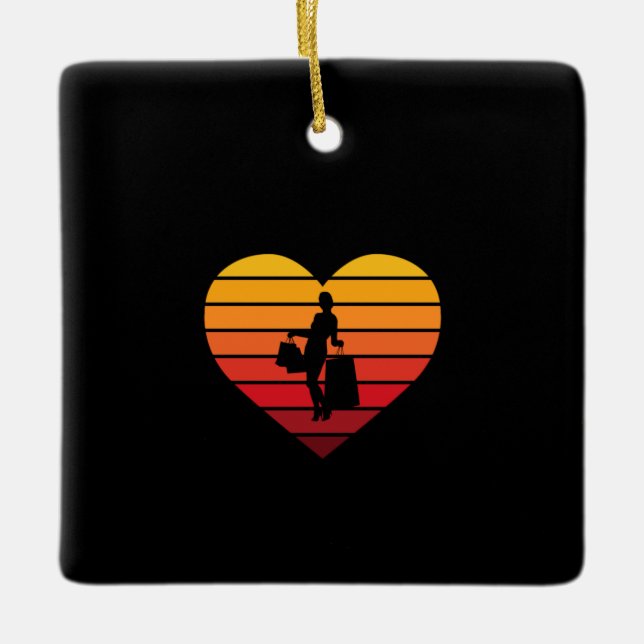 I Love Shopping Retro Sunset Heart Ceramic Ornament (Front)