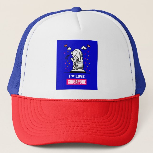I Love Singapore Merlion Design For Tourist Trucker Hat (Front)