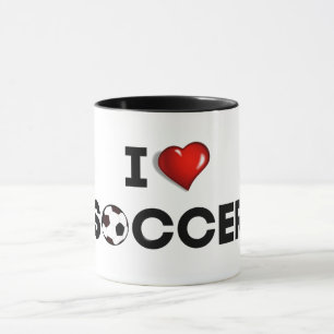 I Love Soccer, black text with red heart Mug