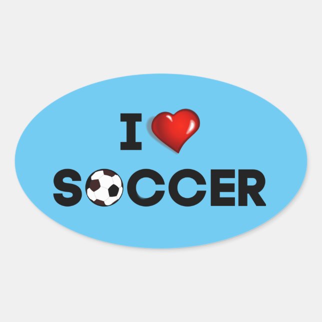 I Love Soccer, black text with red heart Oval Sticker (Front)