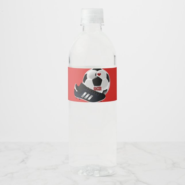 I Love Soccer, soccer ball and shoe Water Bottle Label (Front)