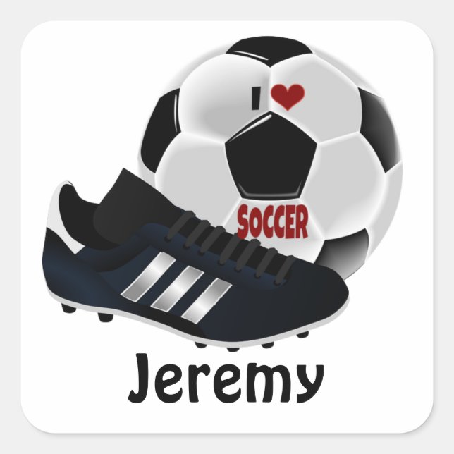 I Love Soccer Template, Personalize, Square Sticker (Front)