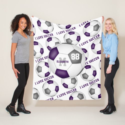 I love soccer text pattern girls purple gray  fleece blanket