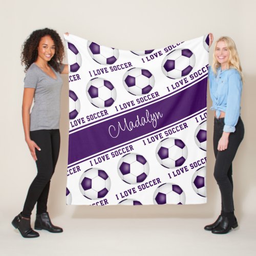 I love soccer text pattern girls purple white fleece blanket