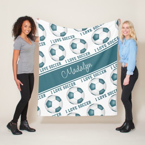 I love soccer text pattern girls teal white fleece blanket