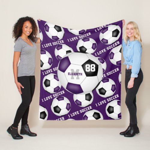 I love soccer text pattern purple black fleece blanket