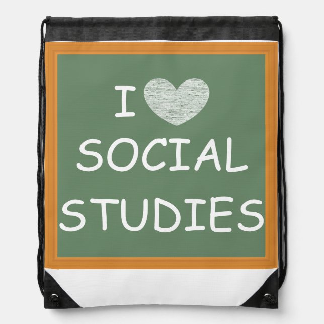 I Love Social Studies Drawstring Bag (Front)