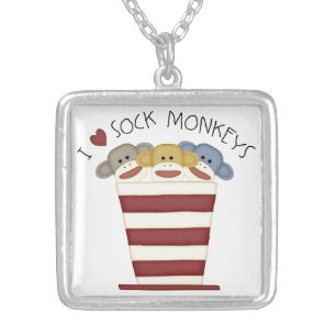 I LOVE SOCK MONKEY  Silver Necklace