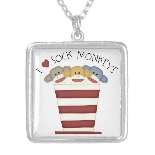 I LOVE SOCK MONKEY  Silver Necklace (Front)
