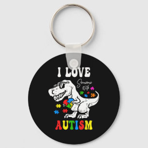 I Love Someone With Autism Family Heart T Rex Dino Keychain
