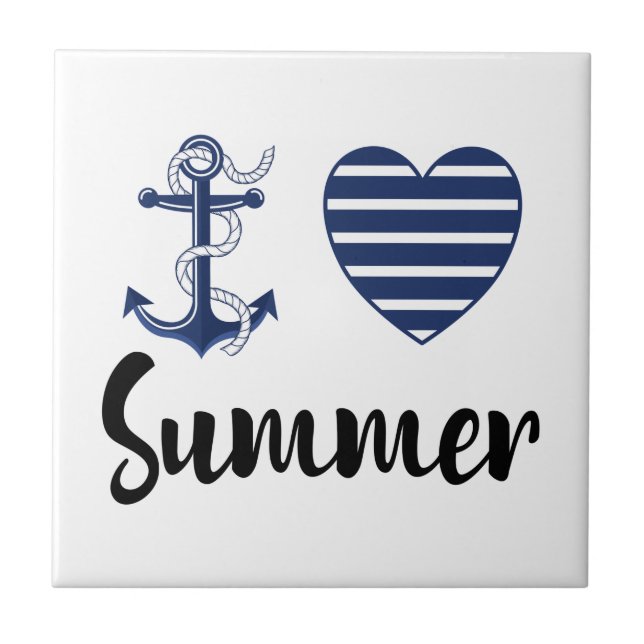 I Love Summer, Anchor And Heart Ceramic Tile (Front)