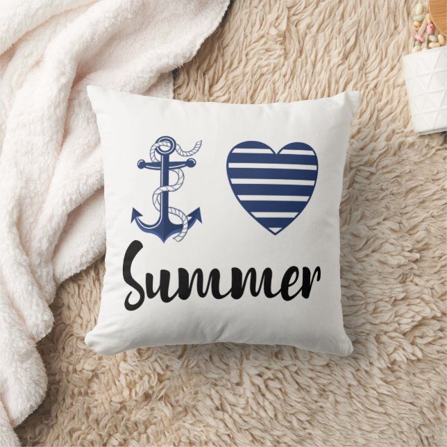 I Love Summer, Anchor And Heart Throw Pillow (Blanket)