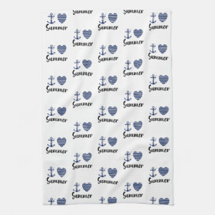 I Love Summer Anchor And Striped Heart Kitchen Towel