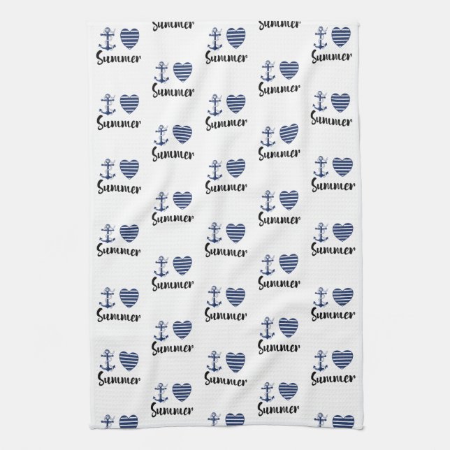 I Love Summer Anchor And Striped Heart Kitchen Towel (Vertical)