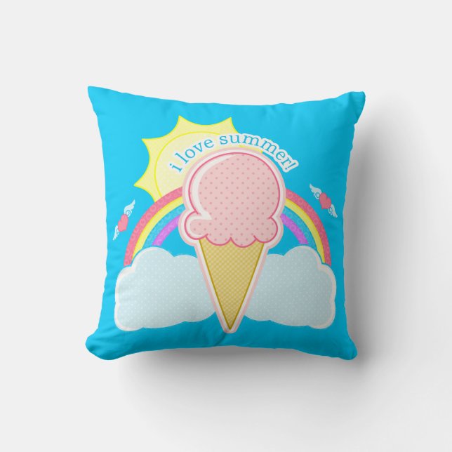 "I Love Summer" Ice Cream Cone Throw Pillow (Front)