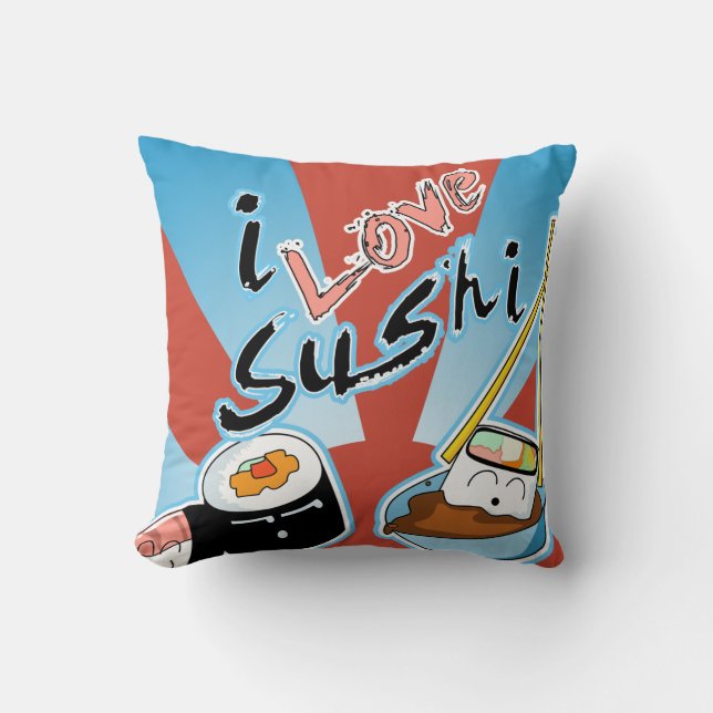 I Love Sushi Cartoon Sushi Throw Pillow (Front)
