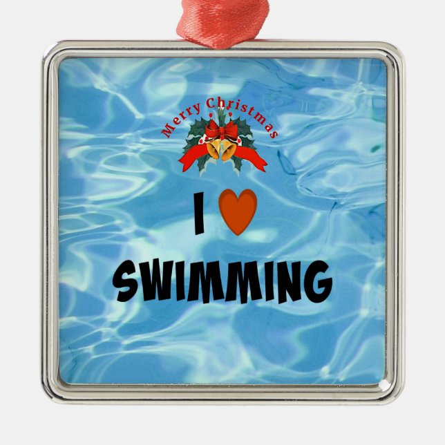 I Love Swimming, Christmas Design, Metal Ornament (Front)