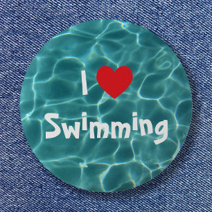 I Love Swimming Red Heart with Aqua Pool Water Button