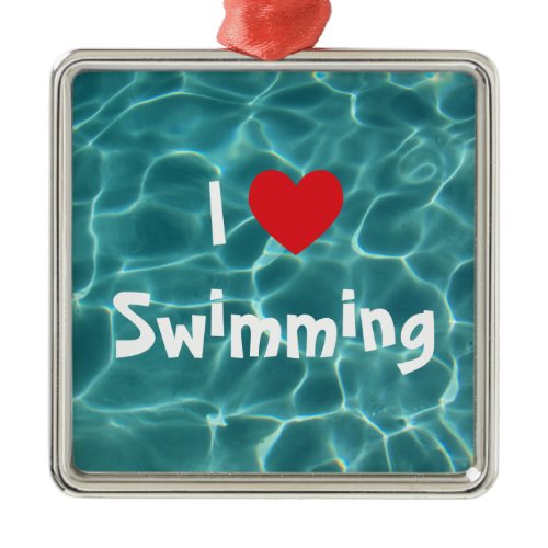 I Love Swimming Red Heart with Aqua Pool Water Metal Ornament