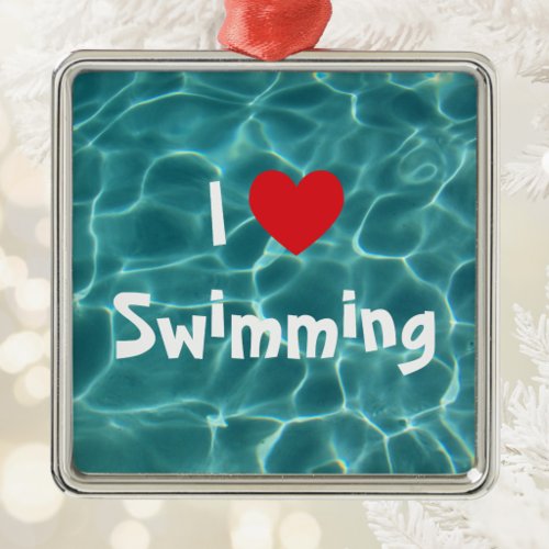 I Love Swimming Red Heart with Aqua Pool Water Metal Ornament
