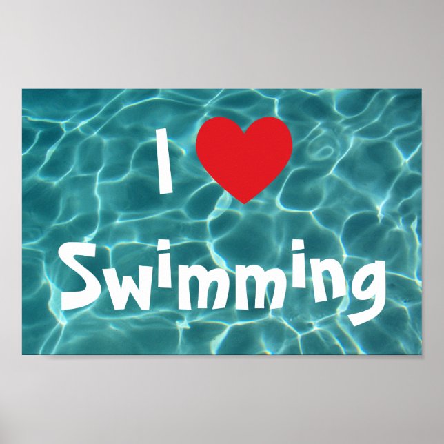 I Love Swimming Red Heart with Aqua Pool Water Poster (Front)