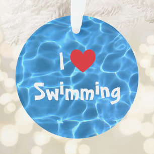 I Love Swimming Red Heart with Blue Pool Water Ornament