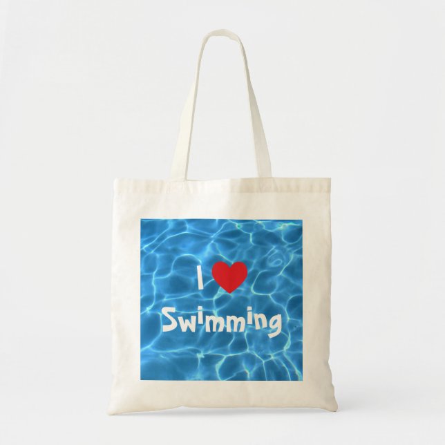 I Love Swimming Red Heart with Blue Pool Water Tote Bag (Front)